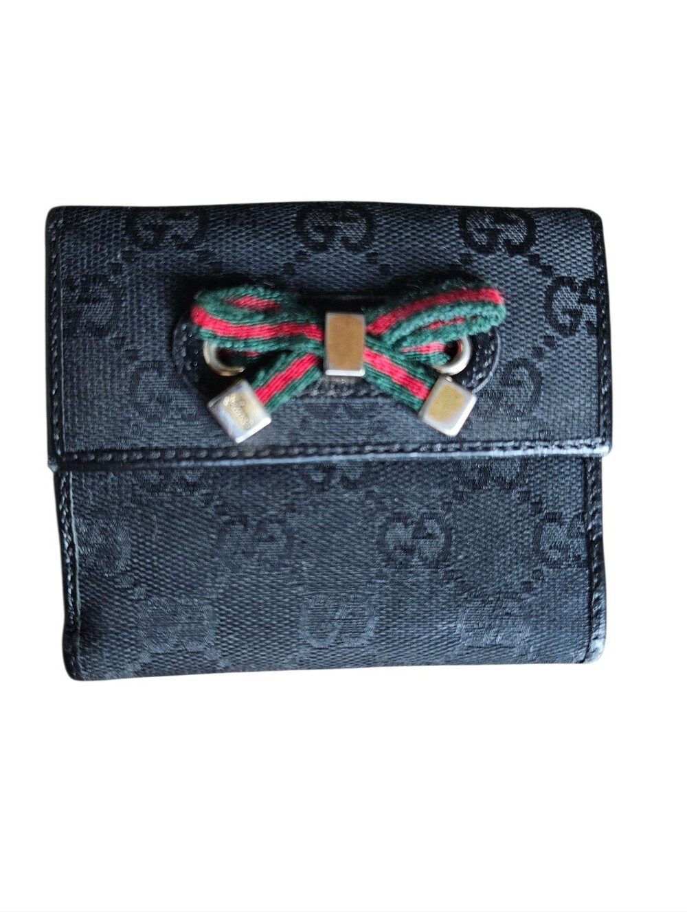 Gucci GG Logo Black Compact Wallet Web Stripe Bow Y2K Coquette